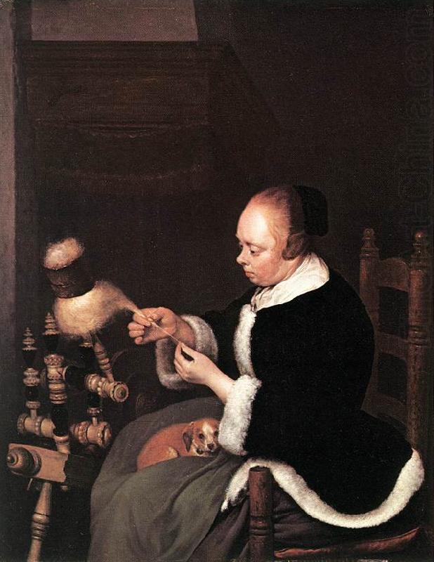 A Woman Spinning at, TERBORCH, Gerard